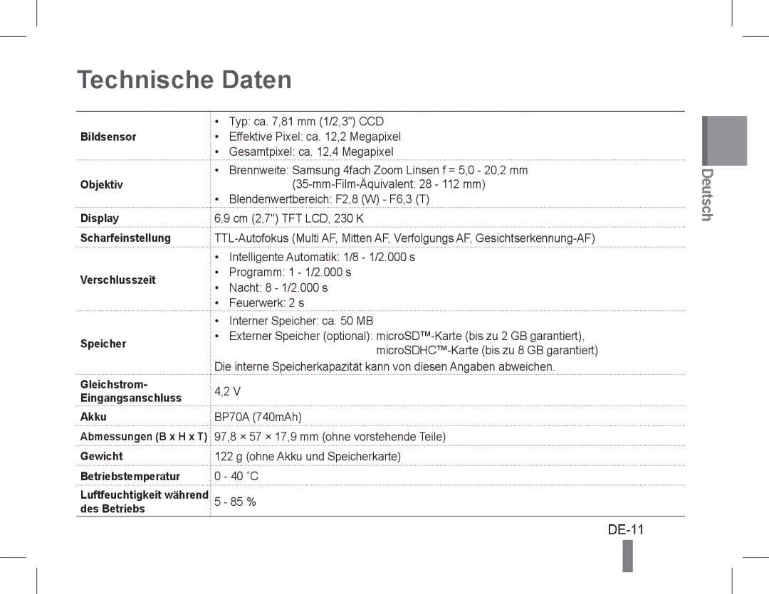 Samsung EC-PL90ZZBPRIL, EC-PL90ZZBPRE1, EC-PL90ZZBARE1, EC-PL90ZZBPEE1, EC-PL90ZZBPAE1, EC-PL90ZZBAAIT Technische Daten, DE-11 