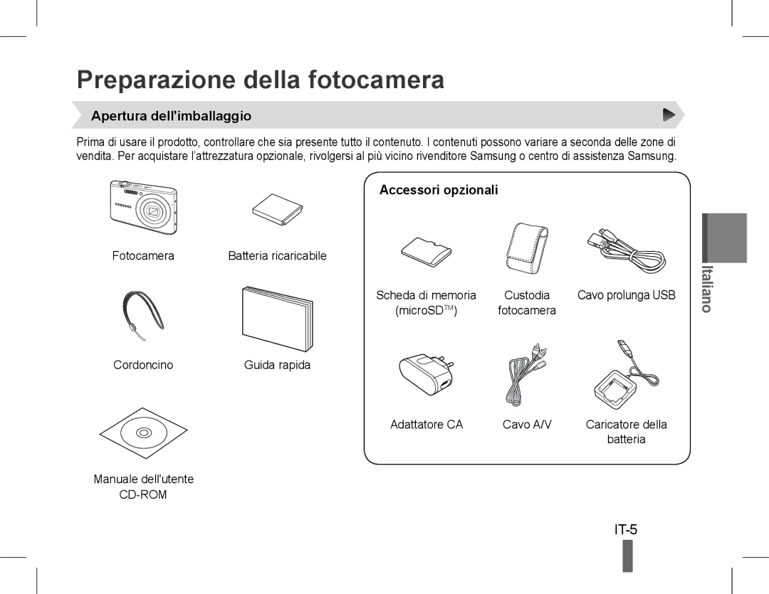 Samsung EC-PL90ZZBPRRU, EC-PL90ZZBPRE1 Preparazione della fotocamera, IT-5, Apertura dellimballaggio, Accessori opzionali 