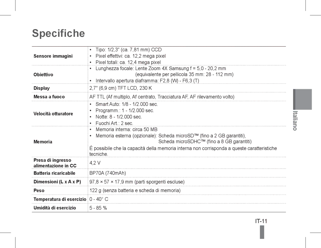 Samsung EC-PL90ZZBAAIT, EC-PL90ZZBPRE1, EC-PL90ZZBARE1, EC-PL90ZZBPEE1, EC-PL90ZZBPAE1, EC-PL90ZZBAEIT manual Specifiche, IT-11 