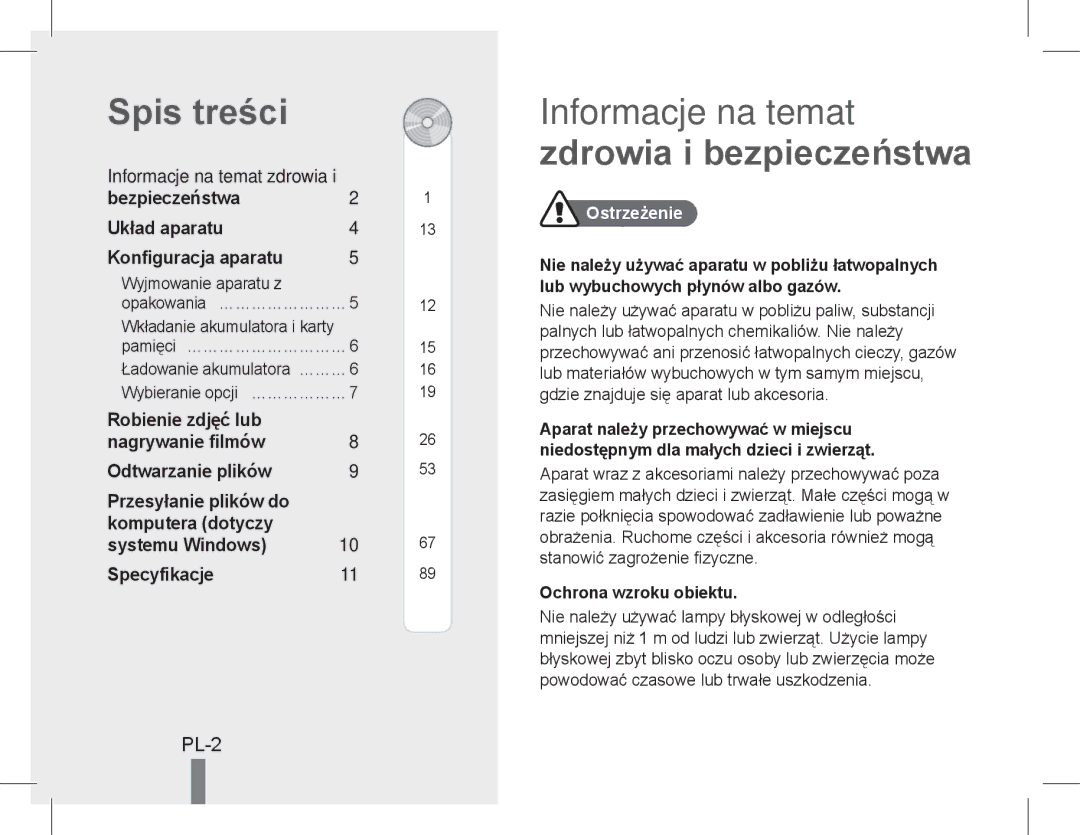 Samsung EC-PL90ZZBAEIT, EC-PL90ZZBPRE1 manual Spis treści, Informacje na temat zdrowia i bezpieczeństwa, PL-2, Ostrzeżenie 