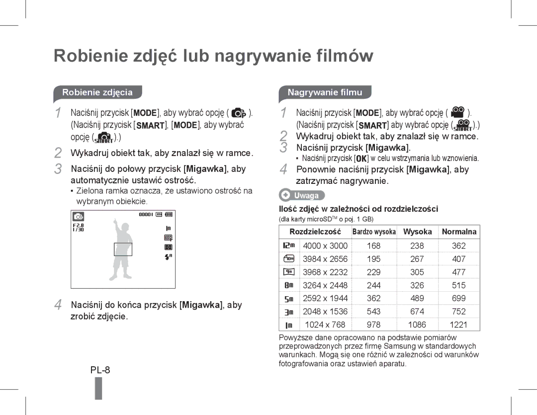 Samsung EC-PL90ZZDAAME, EC-PL90ZZBPRE1, EC-PL90ZZBARE1, EC-PL90ZZBPEE1 manual Robienie zdjęć lub nagrywanie filmów, PL-8 