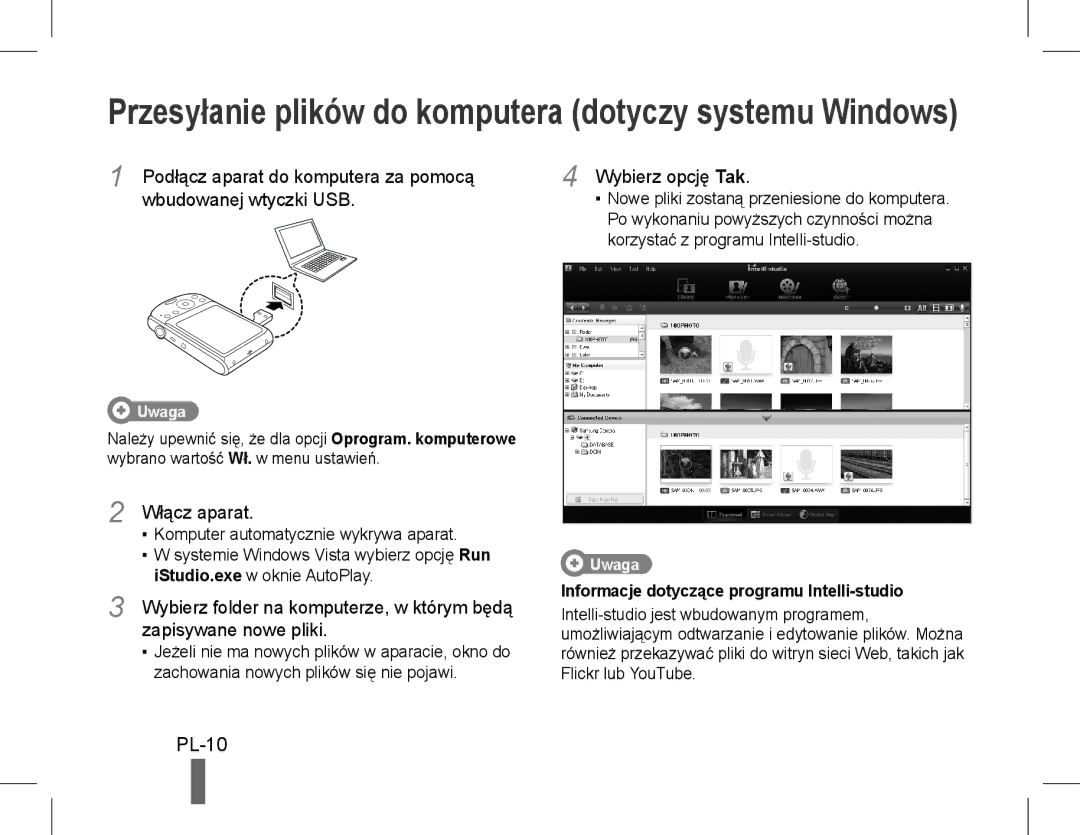 Samsung EC-PL90ZZBPRSA manual PL-10, Wbudowanej wtyczki USB, Włącz aparat, Zapisywane nowe pliki, Wybierz opcję Tak 