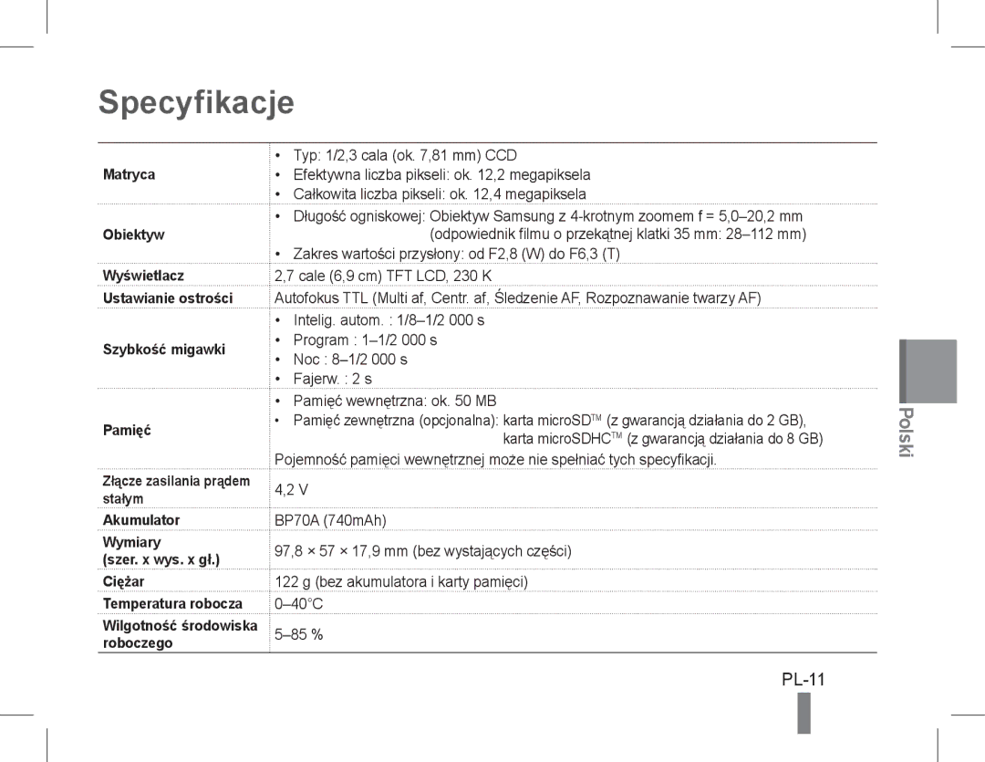 Samsung EC-PL90ZZBPAIL, EC-PL90ZZBPRE1, EC-PL90ZZBARE1, EC-PL90ZZBPEE1, EC-PL90ZZBPAE1, EC-PL90ZZBAAIT Specyfikacje, PL-11 