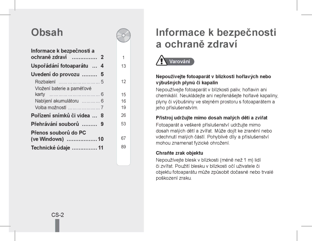 Samsung EC-PL90ZZDPAME, EC-PL90ZZBPRE1, EC-PL90ZZBARE1 manual Obsah, Informace k bezpečnosti a ochraně zdraví, CS-2, Varování 