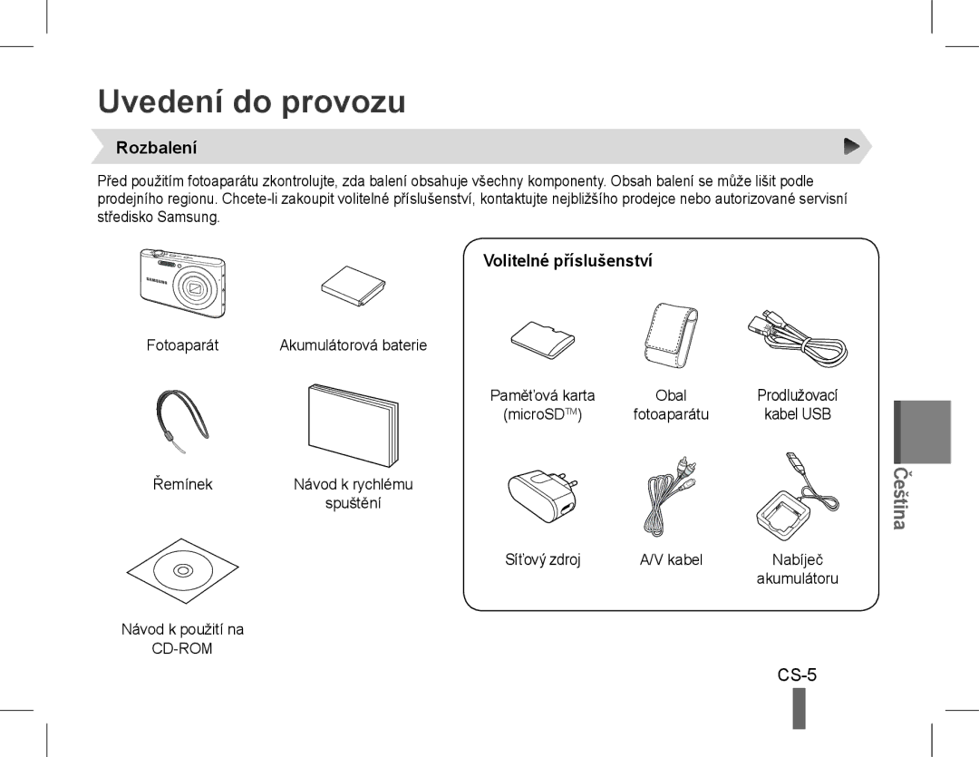 Samsung EC-PL90ZZDARME, EC-PL90ZZBPRE1, EC-PL90ZZBARE1 manual Uvedení do provozu, CS-5, Rozbalení, Volitelné příslušenství 