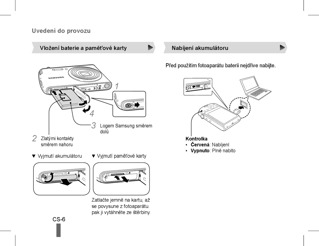 Samsung EC-PL90ZZDAEME, EC-PL90ZZBPRE1, EC-PL90ZZBARE1 manual Uvedení do provozu, CS-6, Vložení baterie a paměťové karty 