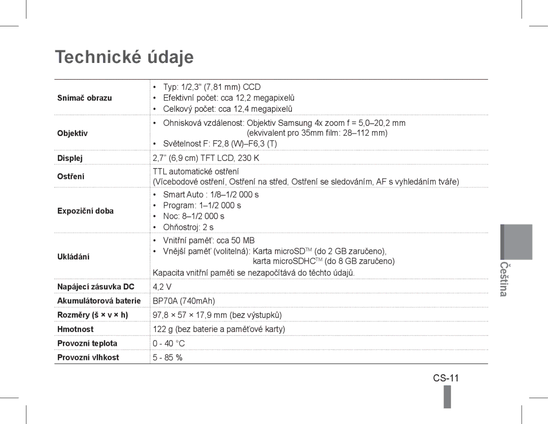 Samsung EC-PL90ZZBAEE3, EC-PL90ZZBPRE1, EC-PL90ZZBARE1, EC-PL90ZZBPEE1, EC-PL90ZZBPAE1, EC-PL90ZZBAAIT Technické údaje, CS-11 