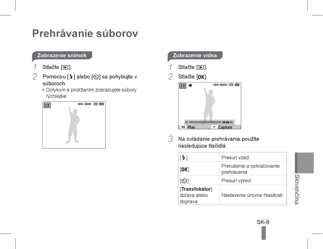 Samsung EC-PL90ZZBPRE2, EC-PL90ZZBPRE1, EC-PL90ZZBARE1 Prehrávanie súborov, SK-9, Zobrazenie snímok, Nasledujúce tlačidlá 