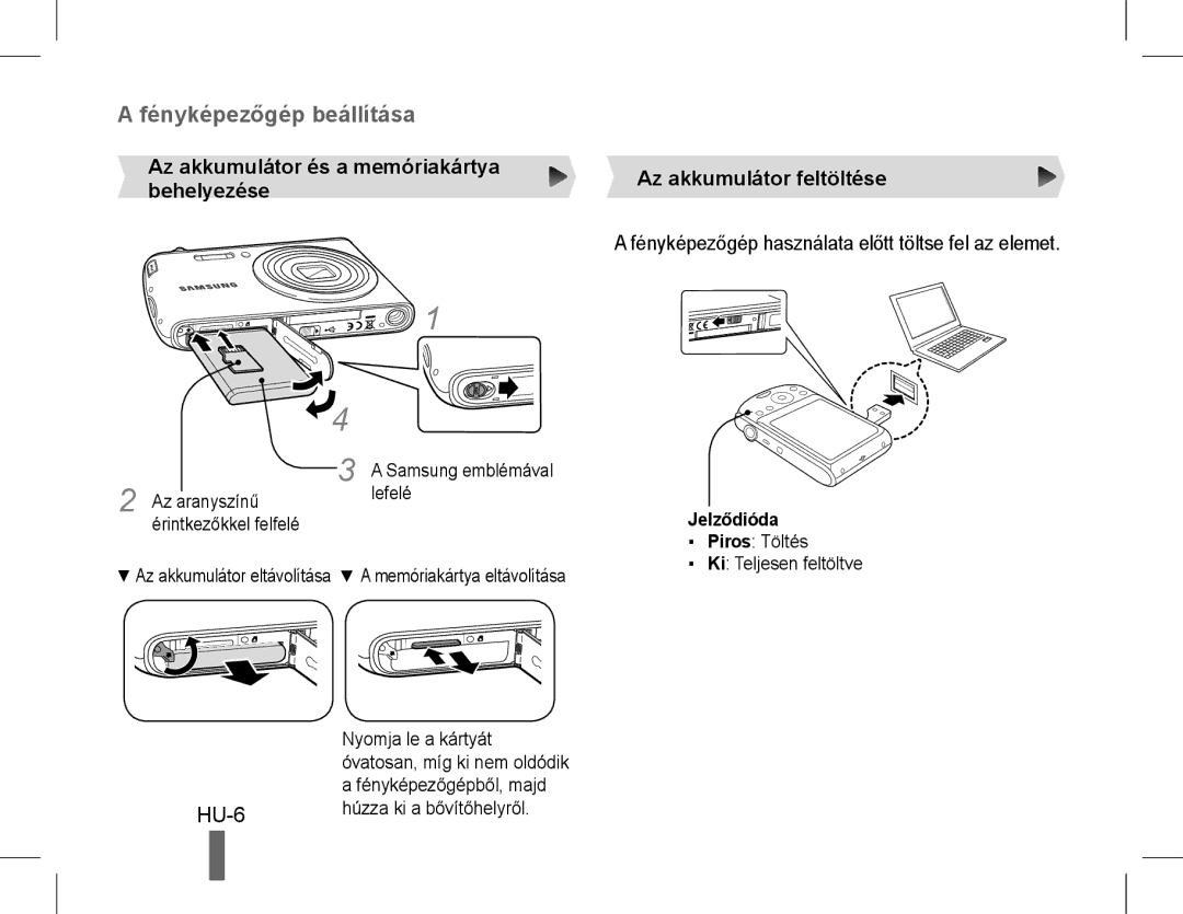 Samsung EC-PL90ZZBPEE1 Fényképezőgép beállítása, HU-6, Fényképezőgép használata előtt töltse fel az elemet, Jelződióda 