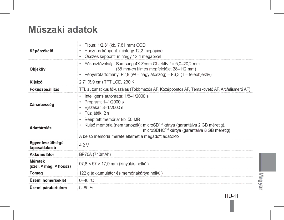 Samsung EC-PL90ZZBARSA, EC-PL90ZZBPRE1, EC-PL90ZZBARE1, EC-PL90ZZBPEE1, EC-PL90ZZBPAE1, EC-PL90ZZBAAIT Műszaki adatok, HU-11 