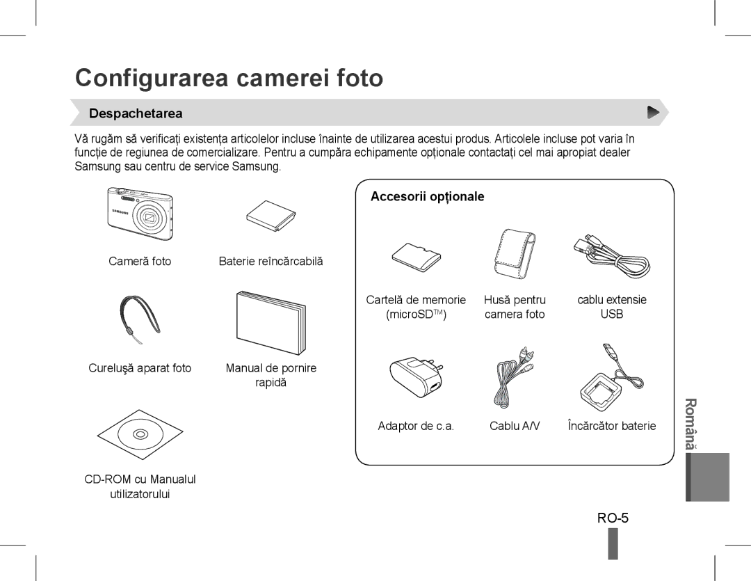 Samsung EC-PL90ZZDAAME, EC-PL90ZZBPRE1, EC-PL90ZZBARE1 Configurarea camerei foto, RO-5, Despachetarea, Accesorii opţionale 