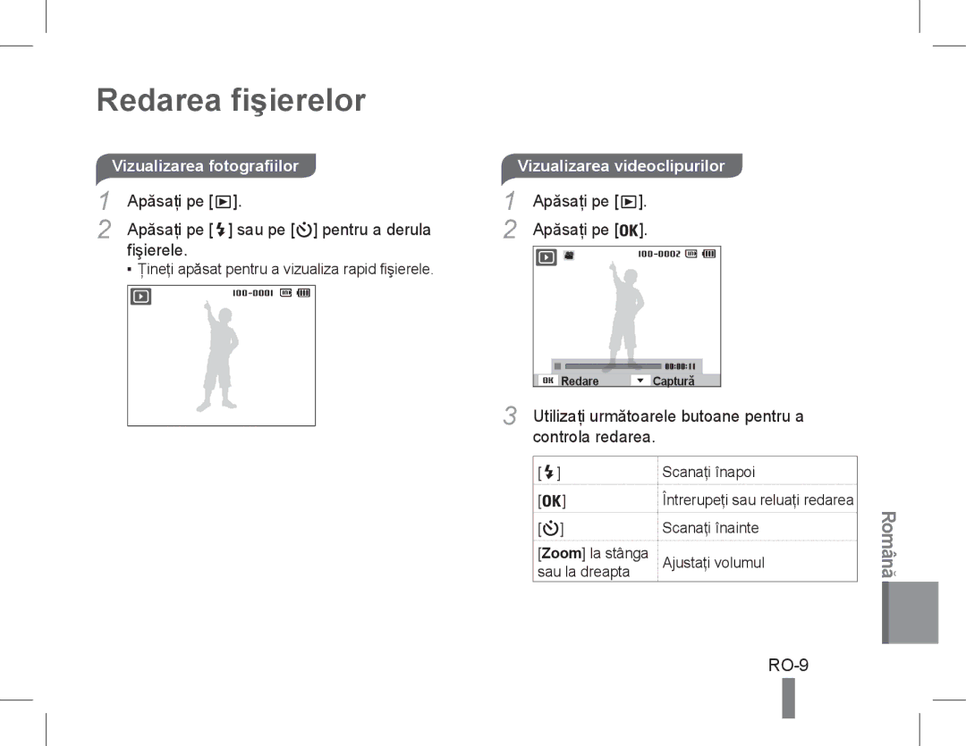 Samsung EC-PL90ZZDPAME, EC-PL90ZZBPRE1, EC-PL90ZZBARE1 manual Redarea fişierelor, RO-9, Vizualizarea videoclipurilor 