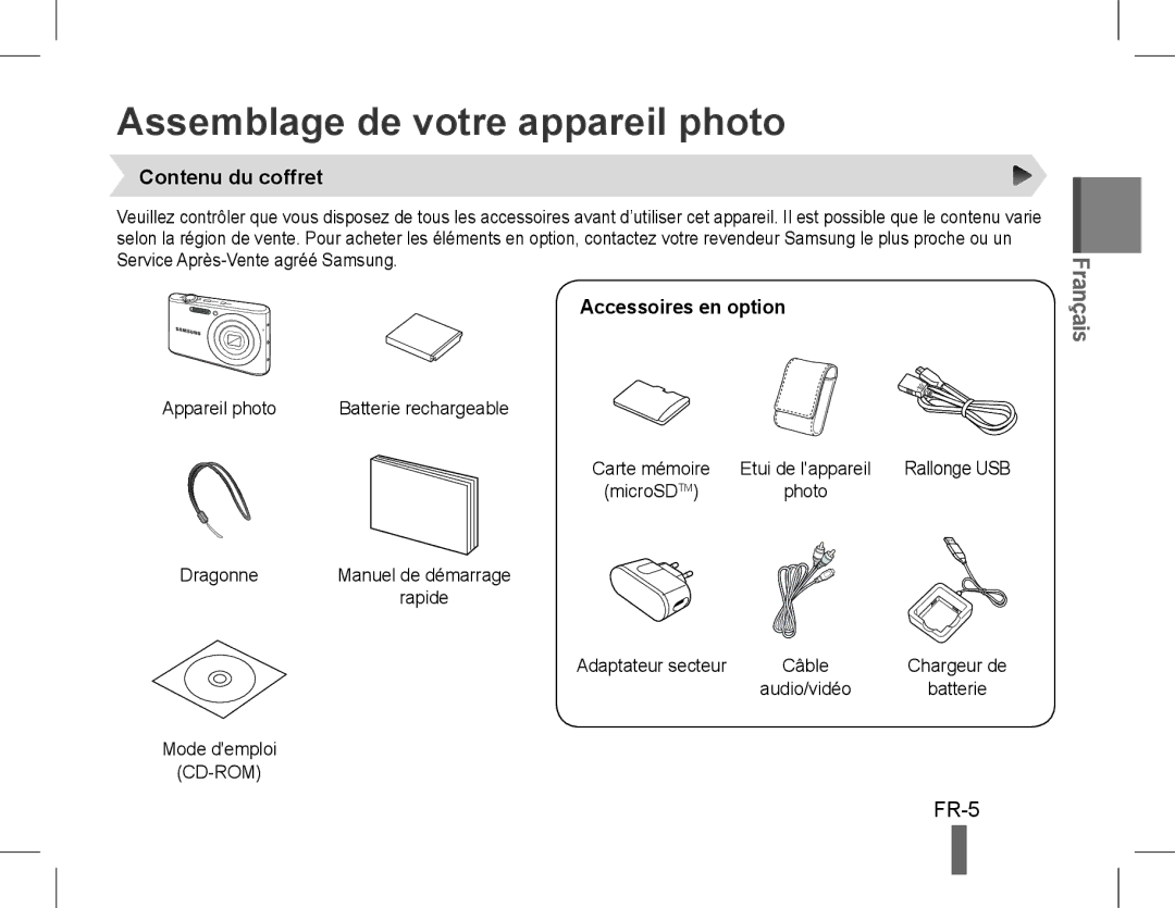 Samsung EC-PL90ZZDPAME, EC-PL90ZZBPRE1 Assemblage de votre appareil photo, FR-5, Contenu du coffret, Accessoires en option 