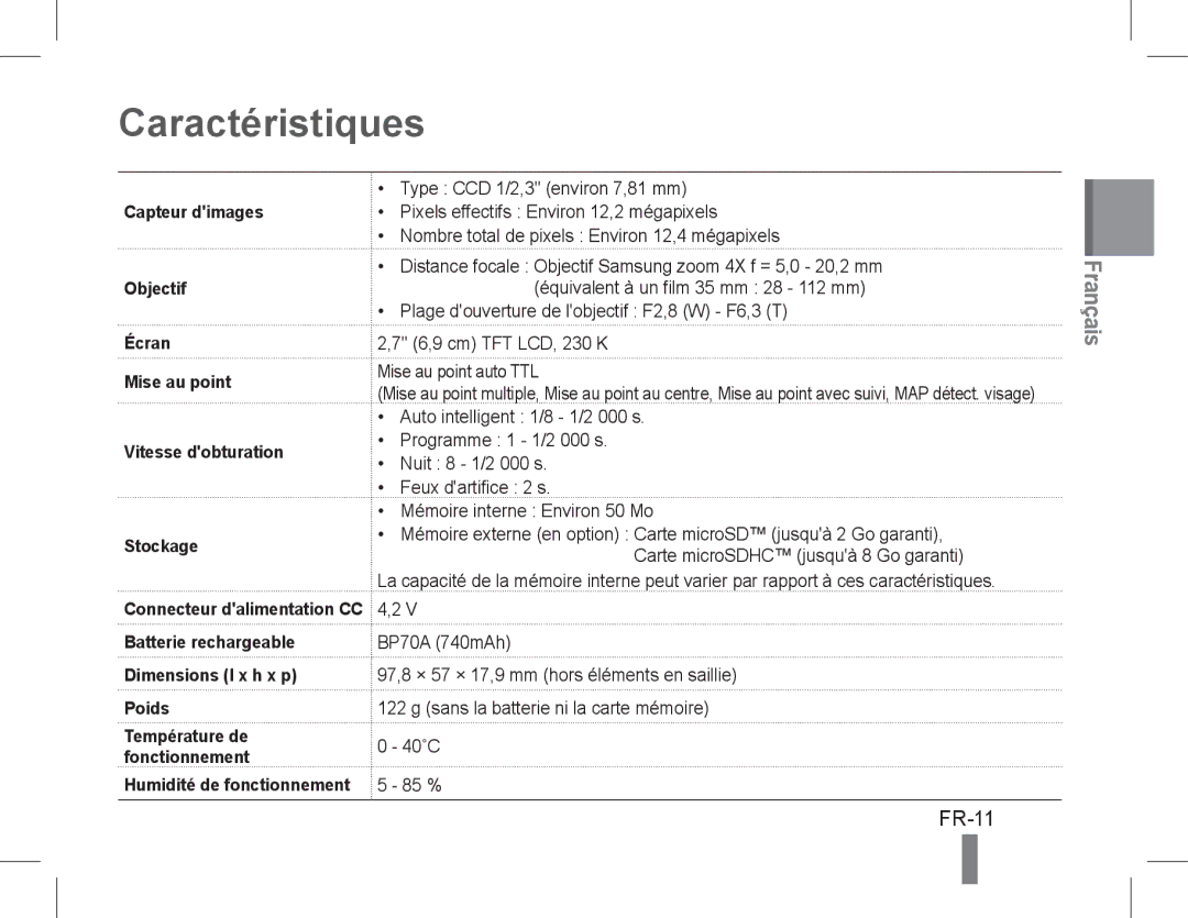 Samsung EC-PL90ZZBPRIL, EC-PL90ZZBPRE1, EC-PL90ZZBARE1, EC-PL90ZZBPEE1, EC-PL90ZZBPAE1, EC-PL90ZZBAAIT Caractéristiques, FR-11 