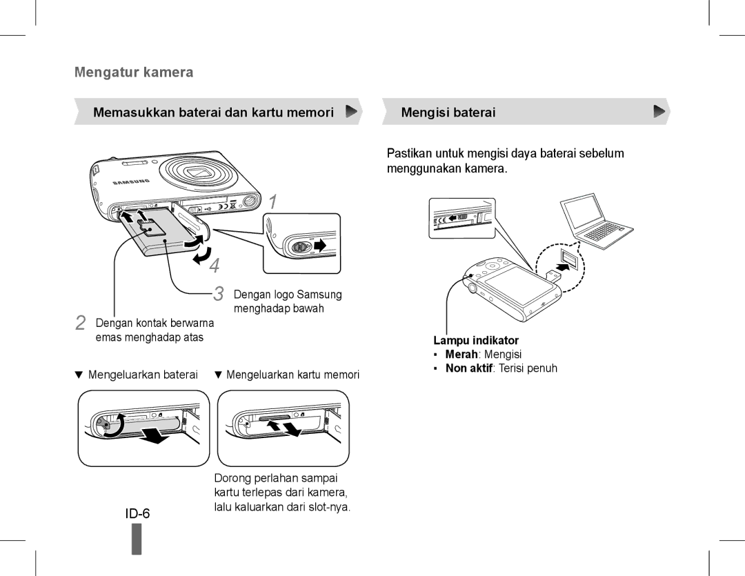 Samsung EC-PL90ZZBARIL, EC-PL90ZZBPRE1, EC-PL90ZZBARE1 manual ID-6, Memasukkan baterai dan kartu memori, Mengisi baterai 