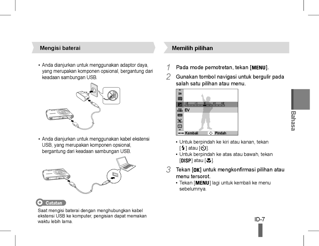 Samsung EC-PL90ZZBPRE1 manual ID-7, Mengisi baterai, Tekan untuk mengkonfirmasi pilihan atau, Menu tersorot, Catatan 