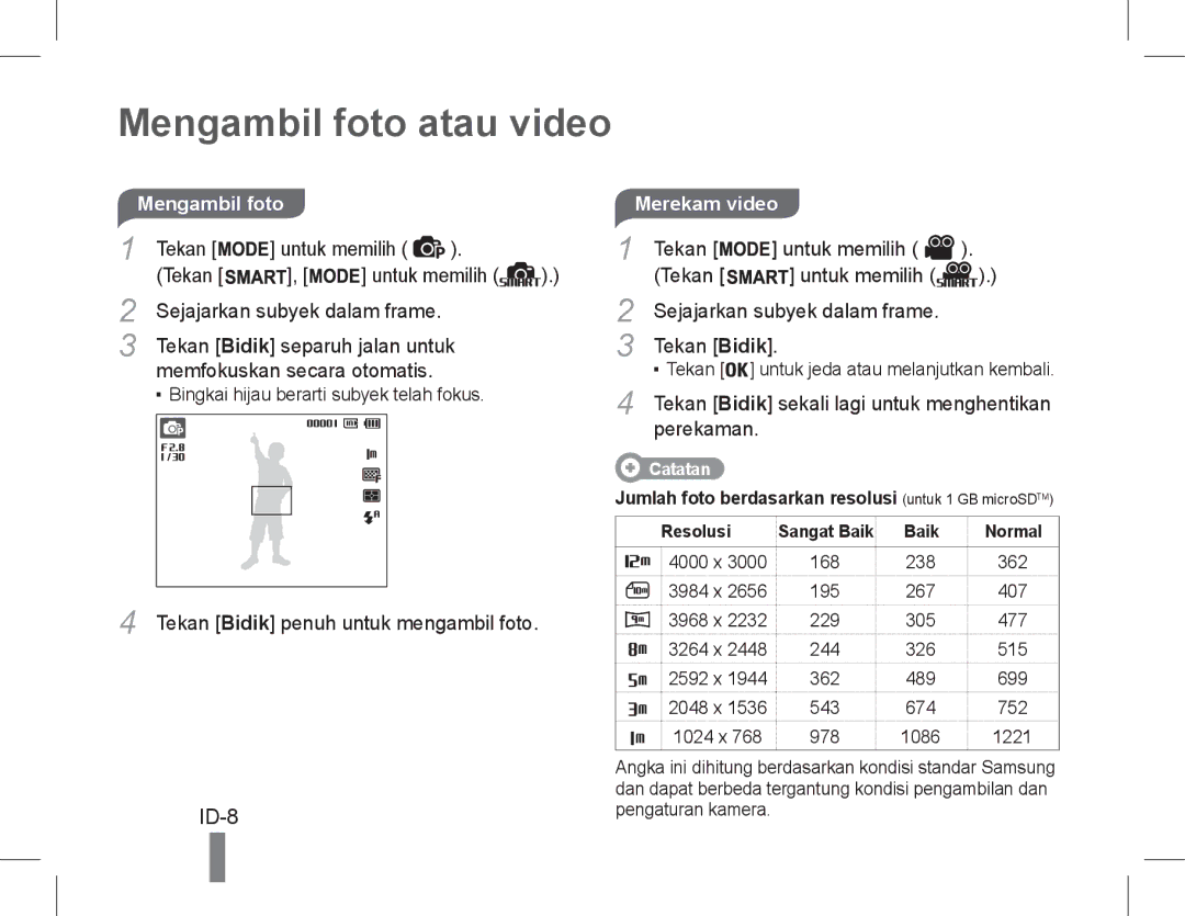 Samsung EC-PL90ZZBARE1, EC-PL90ZZBPRE1, EC-PL90ZZBPEE1, EC-PL90ZZBPAE1 manual Mengambil foto atau video, ID-8, Merekam video 