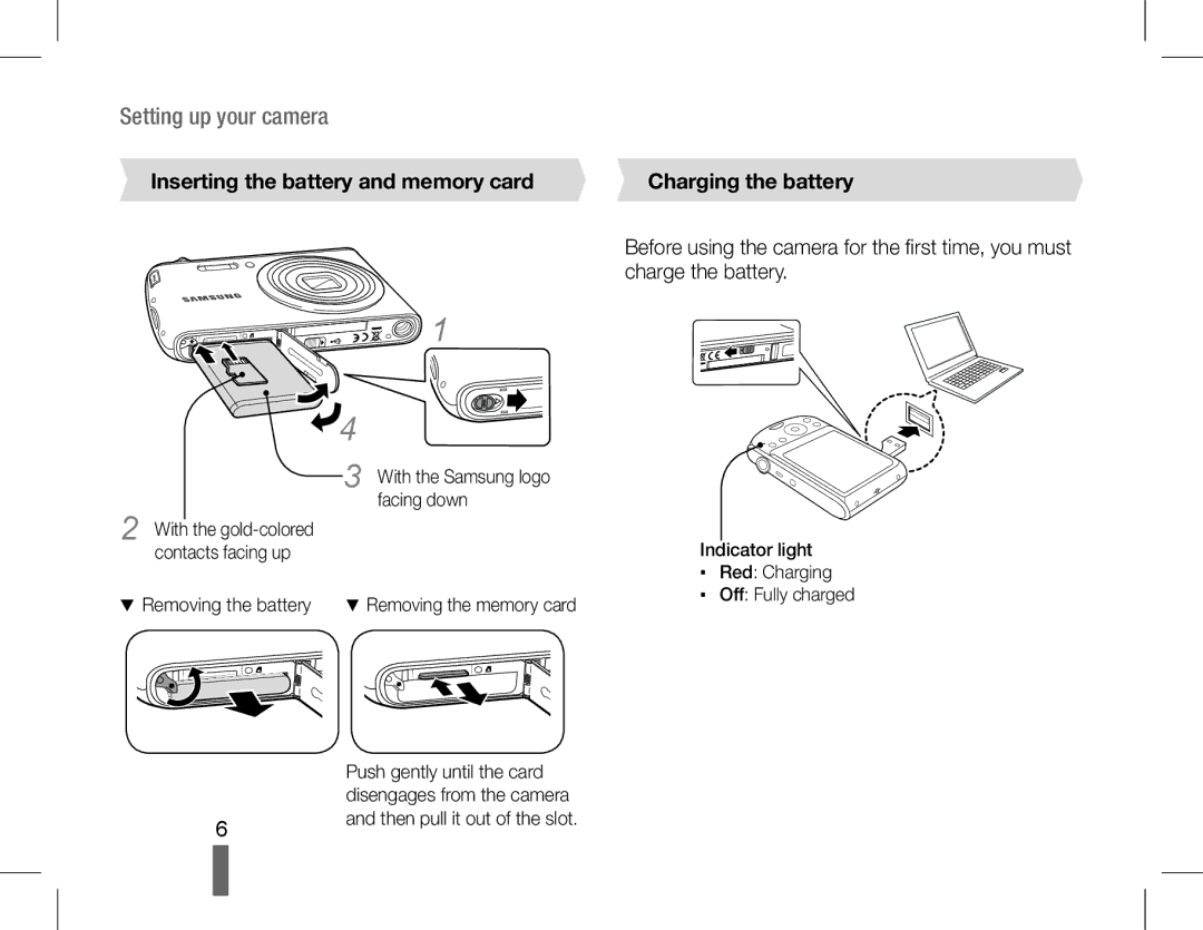 Samsung EC-PL90ZZBAAGB, EC-PL90ZZBPRE1 Setting up your camera, Inserting the battery and memory card Charging the battery 