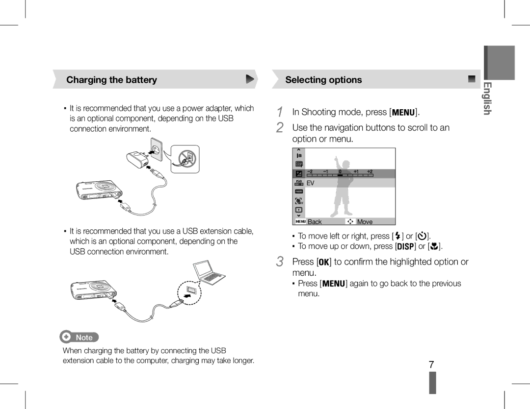 Samsung EC-PL90ZZBARSA, EC-PL90ZZBPRE1, EC-PL90ZZBARE1, EC-PL90ZZBPEE1, EC-PL90ZZBPAE1 manual Selecting options, Press, Menu 