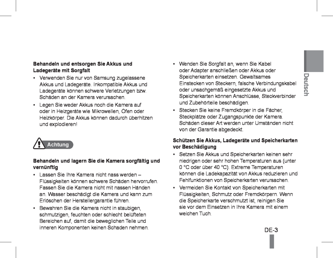 Samsung EC-PL90ZZBPRSA manual DE-3, Deutsch, Behandeln und entsorgen Sie Akkus und Ladegeräte mit Sorgfalt, Achtung 