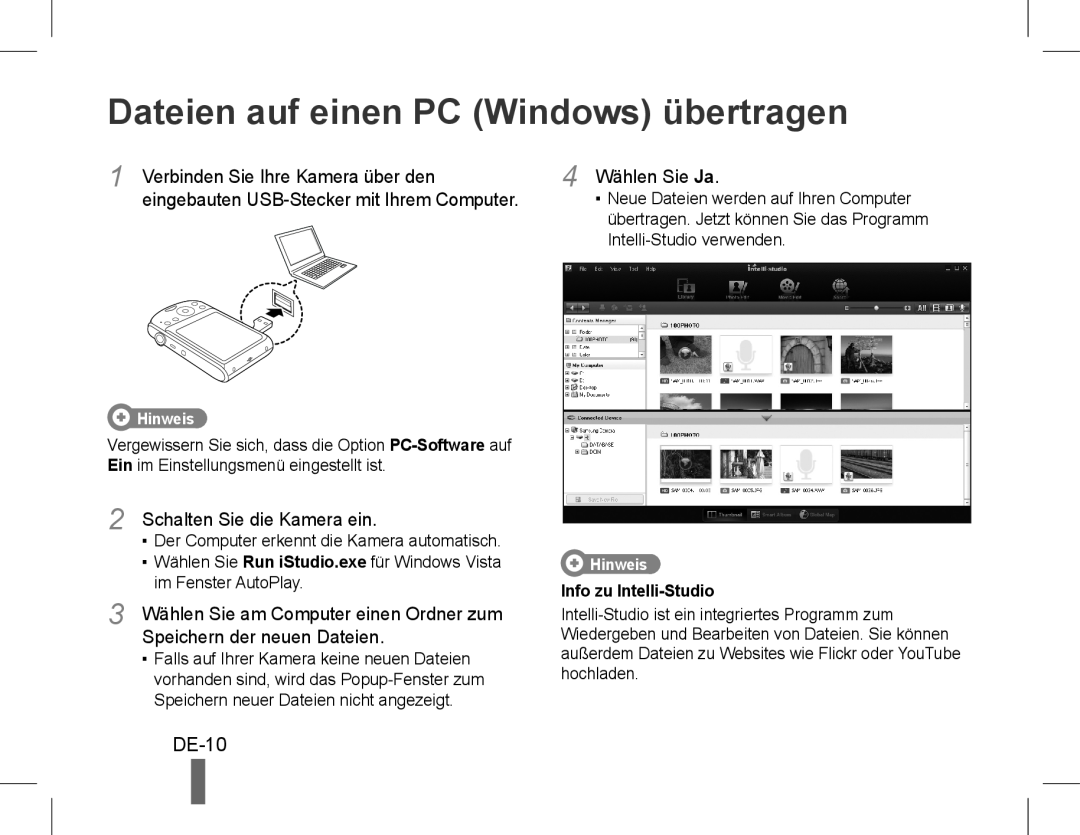 Samsung EC-PL90ZZDPEME Dateien auf einen PC Windows übertragen, DE-10, Verbinden Sie Ihre Kamera über den, 4 Wählen Sie Ja 