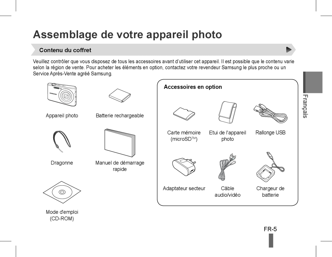 Samsung EC-PL90ZZBARE3 manual Assemblage de votre appareil photo, FR-5, Contenu du coffret, Accessoires en option, Français 