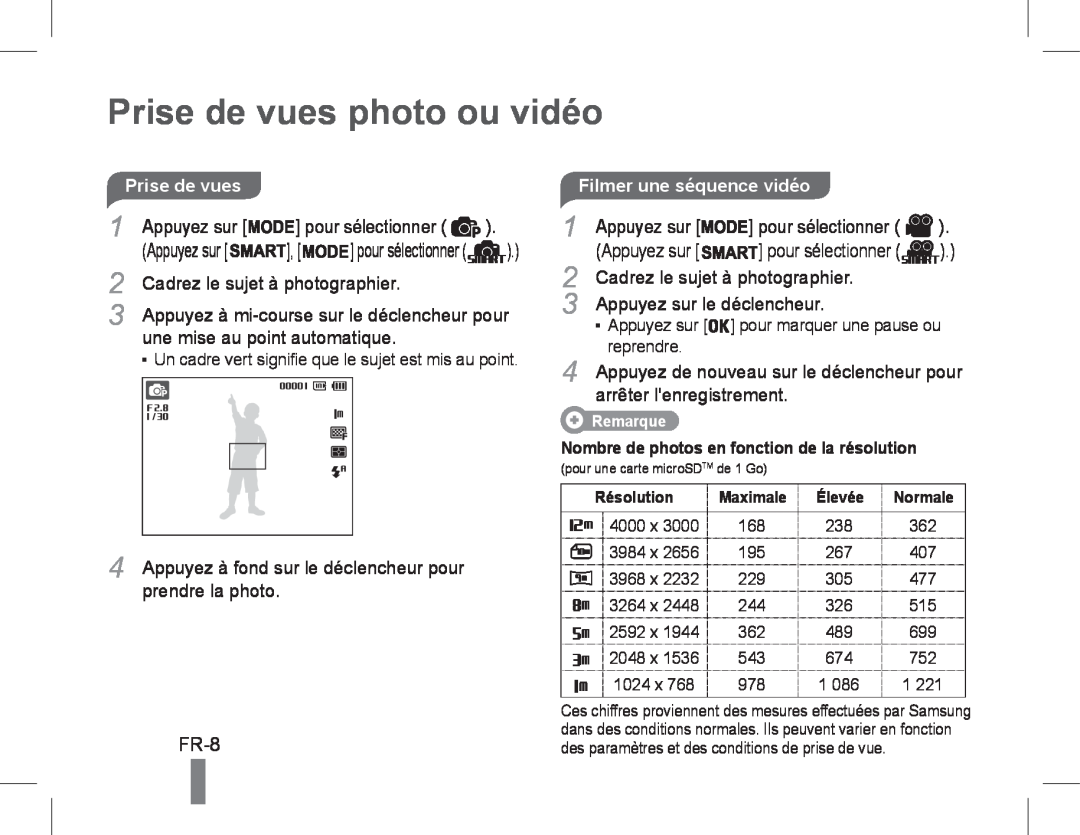 Samsung EC-PL90ZZBAAE2, EC-PL90ZZBPRE1, EC-PL90ZZBARE1 manual Prise de vues photo ou vidéo, FR-8, Filmer une séquence vidéo 