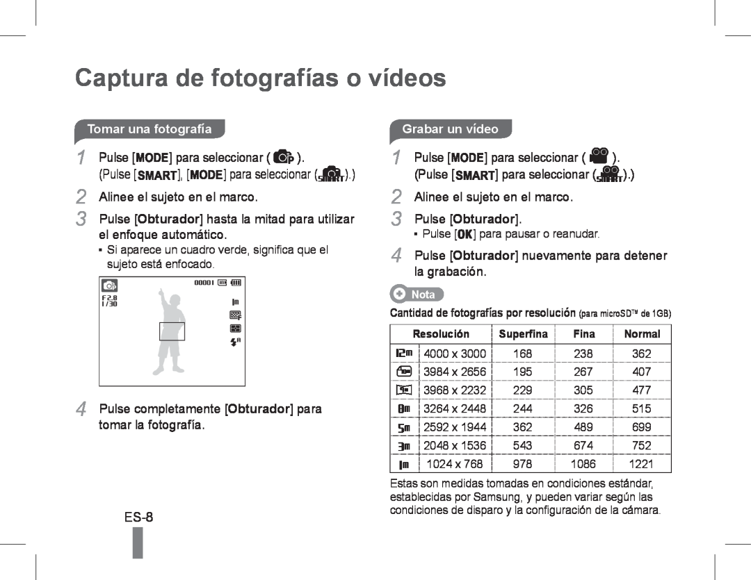 Samsung EC-PL90ZZBARE1, EC-PL90ZZBPRE1, EC-PL90ZZBPEE1 manual Captura de fotografías o vídeos, ES-8, Grabar un vídeo 