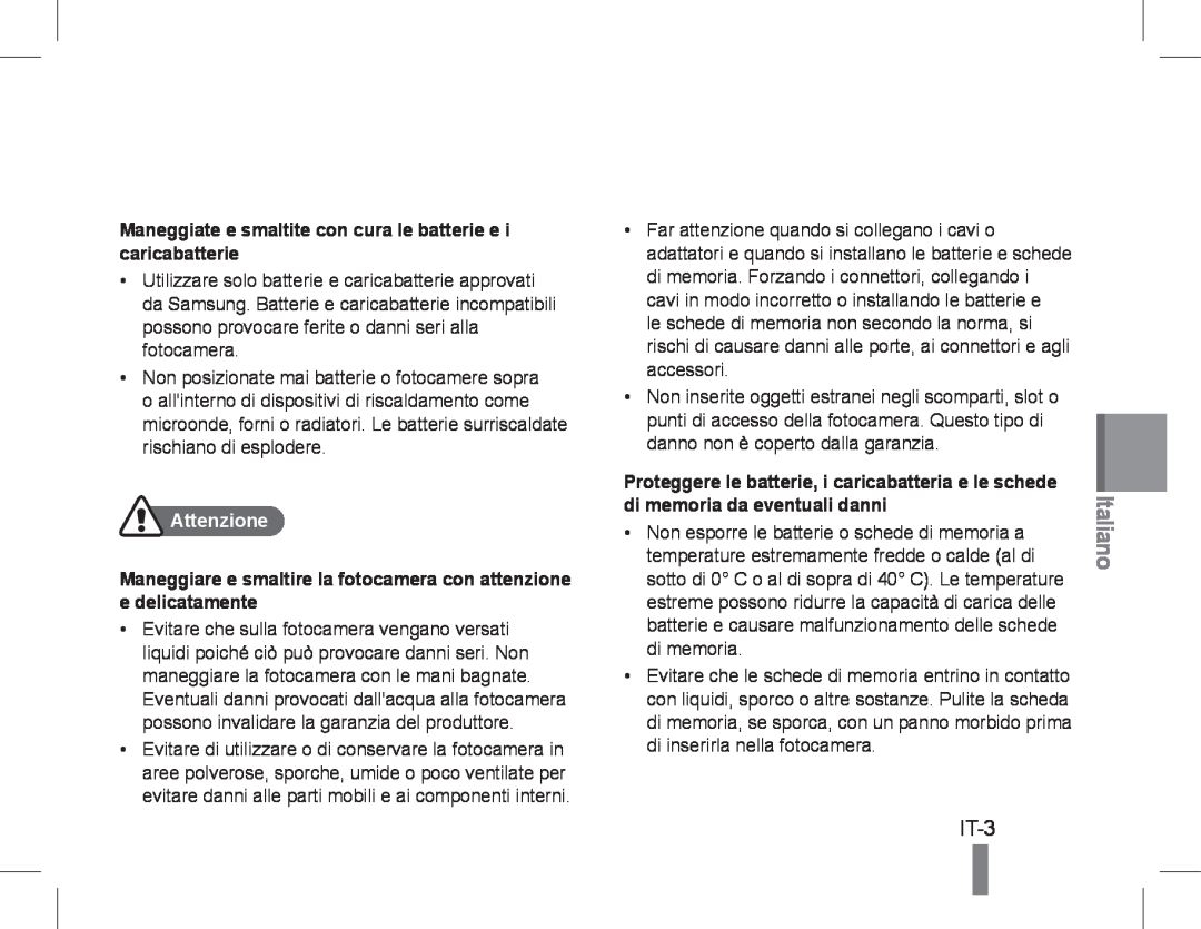 Samsung EC-PL90ZZBAAGB manual Italiano, IT-3, Maneggiate e smaltite con cura le batterie e i caricabatterie, Attenzione 