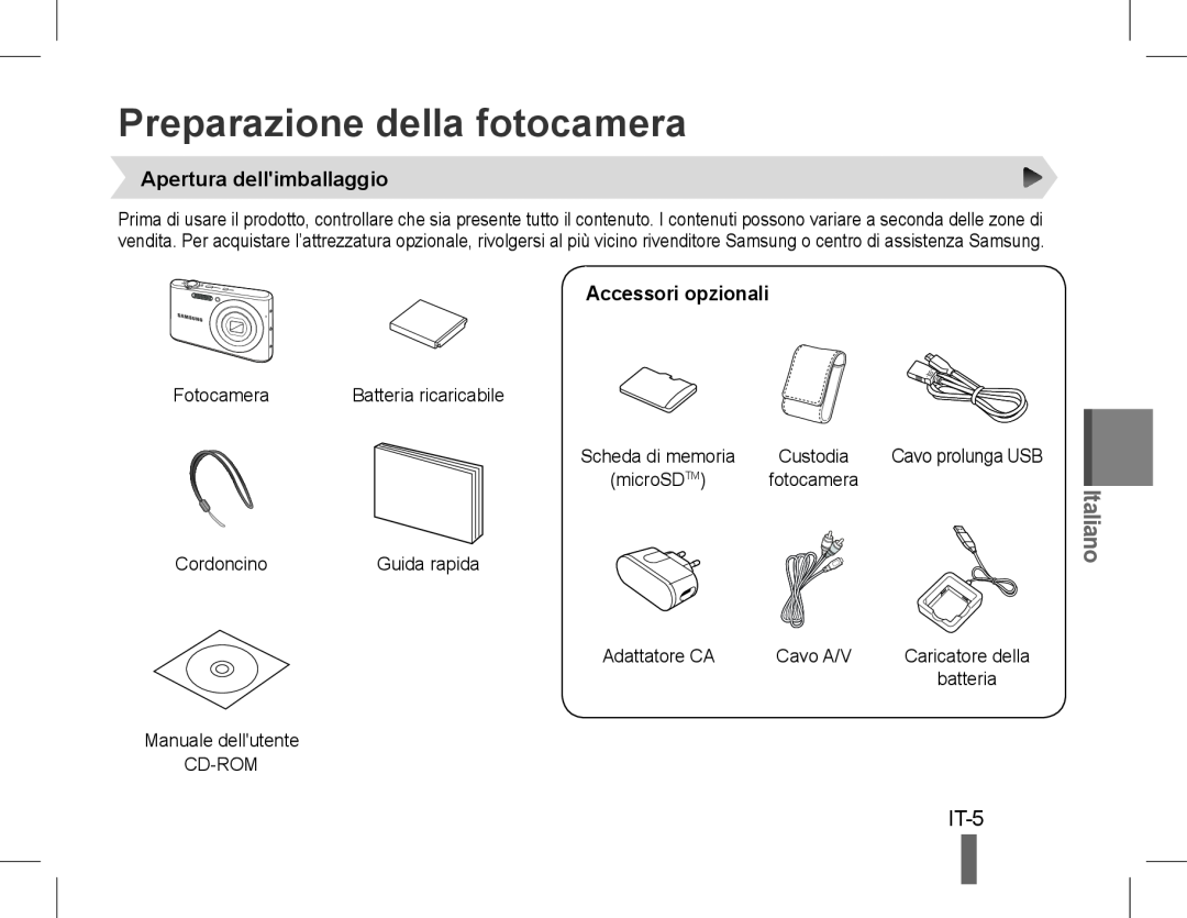 Samsung EC-PL90ZZDAEIR manual Preparazione della fotocamera, IT-5, Apertura dellimballaggio, Accessori opzionali, Italiano 