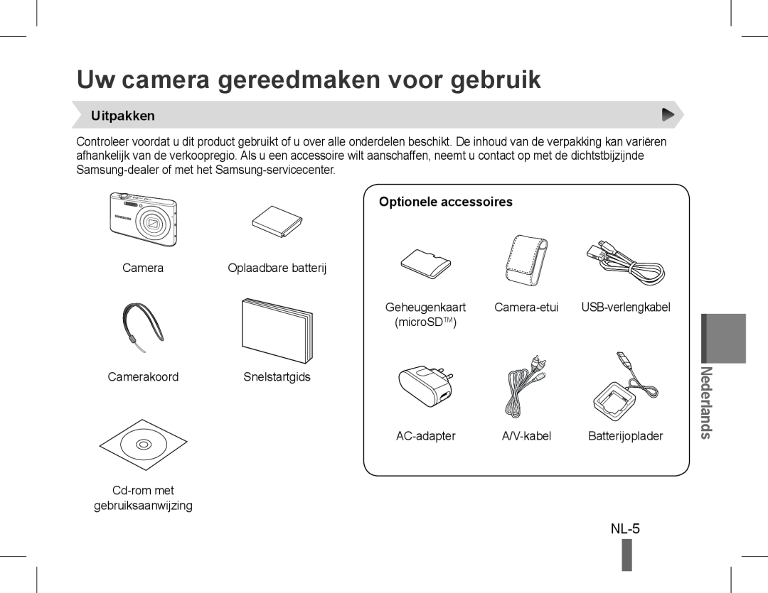 Samsung EC-PL90ZZDARME manual Uw camera gereedmaken voor gebruik, NL-5, Uitpakken, Optionele accessoires, Nederlands 