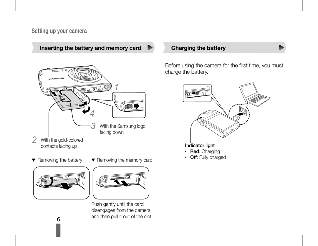 Samsung EC-PL90ZZBAAGB, EC-PL90ZZBPRE1 Inserting the battery and memory card, Charging the battery, Setting up your camera 