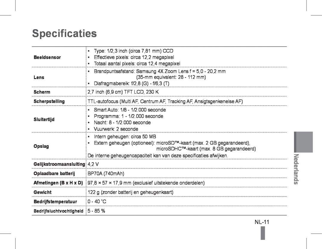 Samsung EC-PL90ZZBAEE3 Specificaties, NL-11, Beeldsensor, Lens, Scherm, Scherpstelling, Sluitertijd, Opslag, Nederlands 