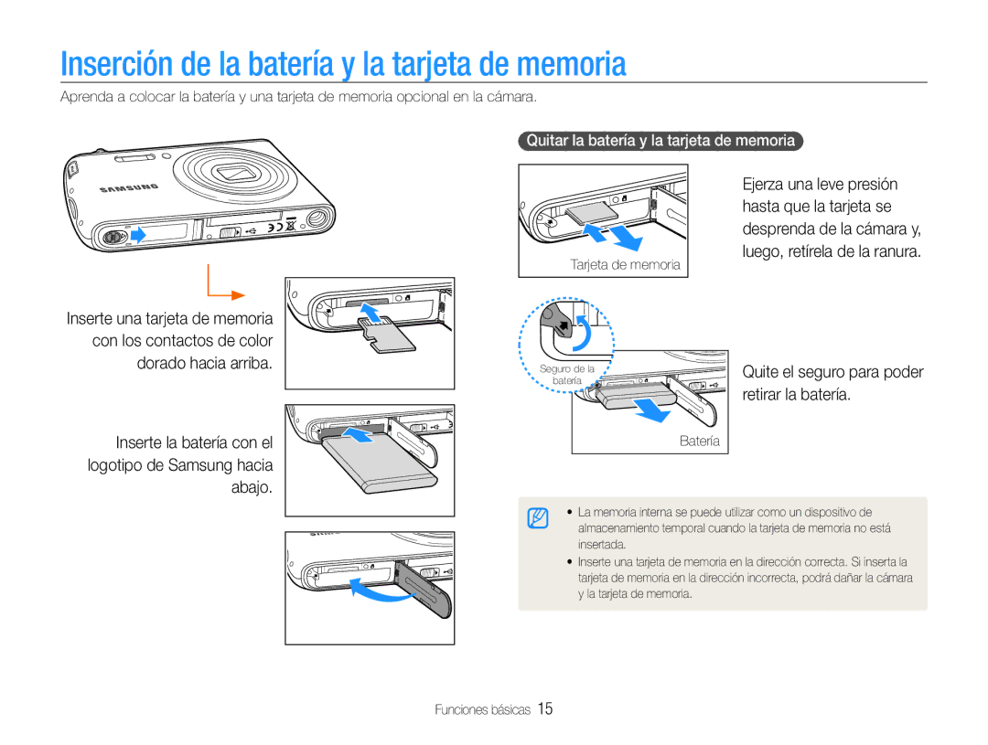 Samsung EC-PL90ZZBPEE1 Inserción de la batería y la tarjeta de memoria, Dorado hacia arriba, Abajo, Retirar la batería 