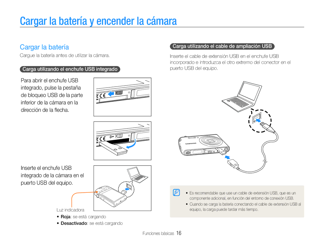 Samsung EC-PL90ZZBAAGB, EC-PL90ZZBPRE1 Cargar la batería y encender la cámara, Carga utilizando el enchufe USB integrado 