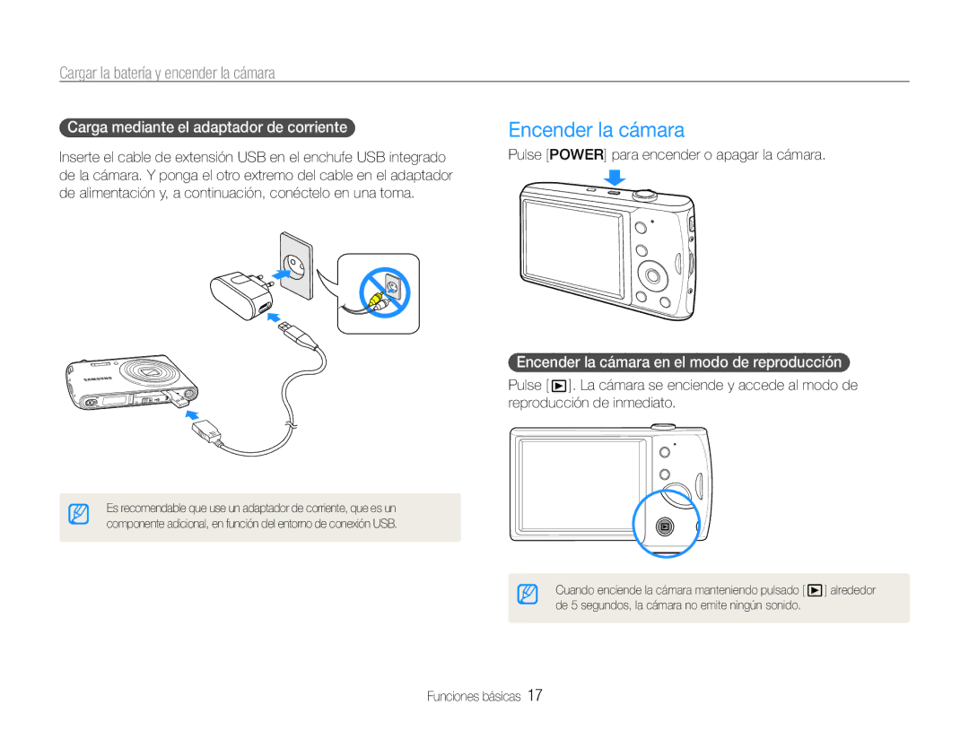 Samsung EC-PL90ZZBPRE1, EC-PL90ZZBPEE1, EC-PL90ZZBAAGB manual Encender la cámara, Cargar la batería y encender la cámara 