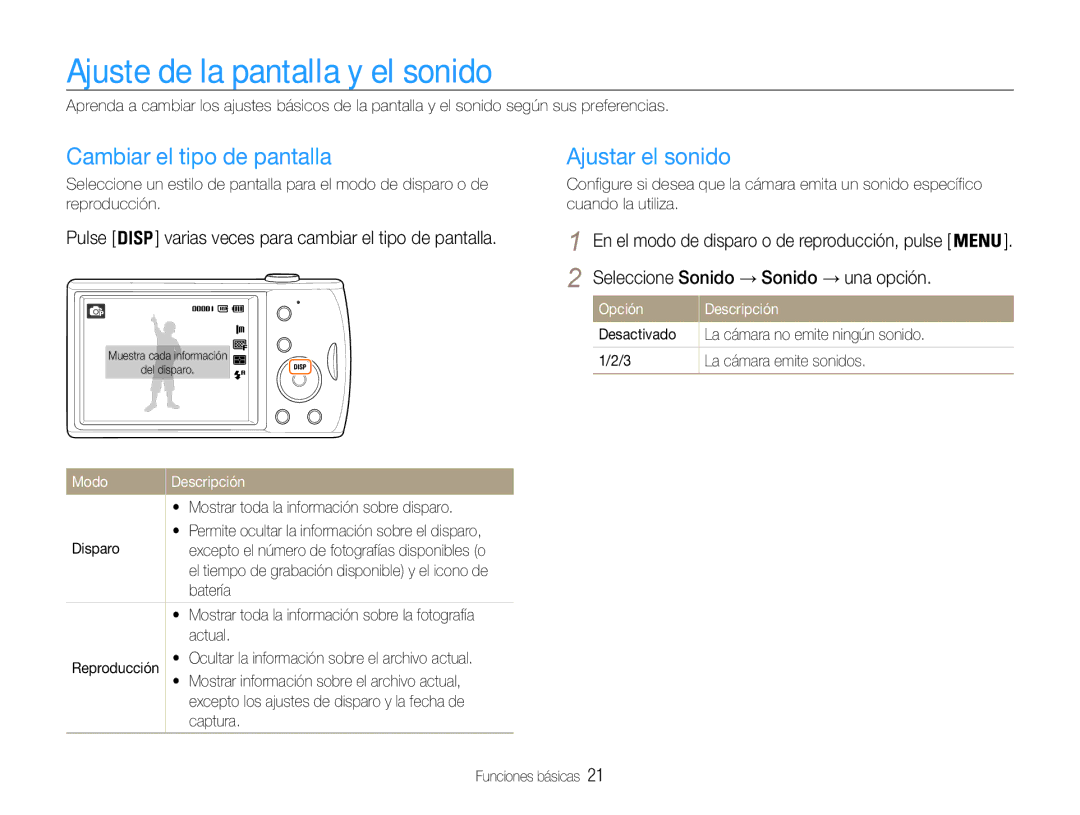 Samsung EC-PL90ZZBPEE1, EC-PL90ZZBPRE1 Ajuste de la pantalla y el sonido, Cambiar el tipo de pantalla, Ajustar el sonido 