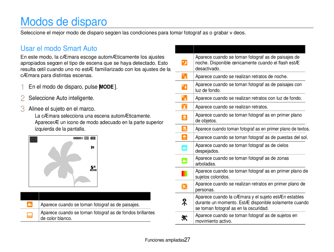 Samsung EC-PL90ZZBPEE1 Modos de disparo, Usar el modo Smart Auto, Seleccione Auto inteligente Alinee el sujeto en el marco 