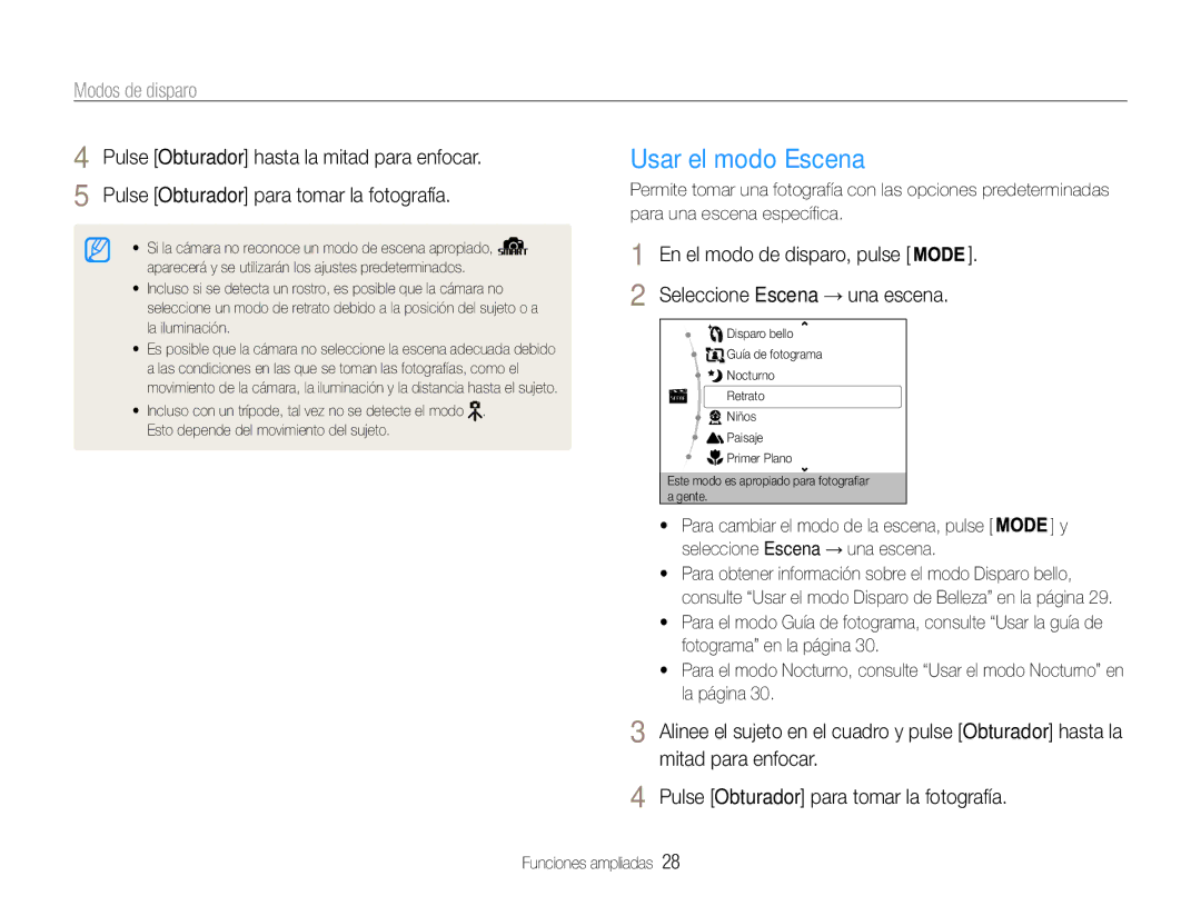 Samsung EC-PL90ZZBAAGB, EC-PL90ZZBPRE1 manual Usar el modo Escena, Modos de disparo, Seleccione Escena → una escena 