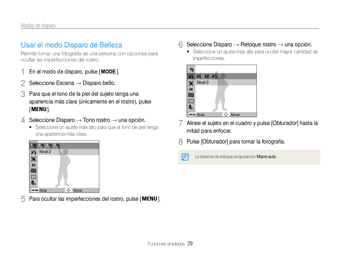Samsung EC-PL90ZZBPRE1, EC-PL90ZZBPEE1 Usar el modo Disparo de Belleza, Seleccione Disparo → Retoque rostro → una opción 