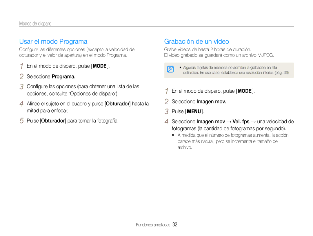 Samsung EC-PL90ZZBPRE1, EC-PL90ZZBPEE1, EC-PL90ZZBAAGB Usar el modo Programa, Grabación de un vídeo, Seleccione Programa 