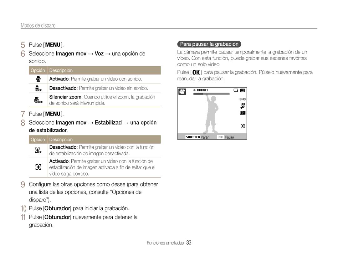 Samsung EC-PL90ZZBPEE1 De estabilizador, Para pausar la grabación, Seleccione Imagen mov → Voz → una opción de, Opción 