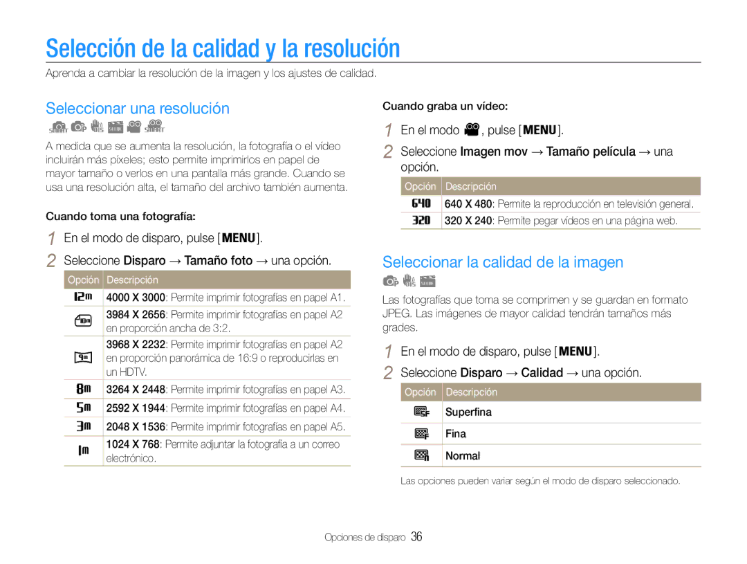 Samsung EC-PL90ZZBPEE1 Selección de la calidad y la resolución, Seleccionar una resolución, En el modo , pulse, Opción 