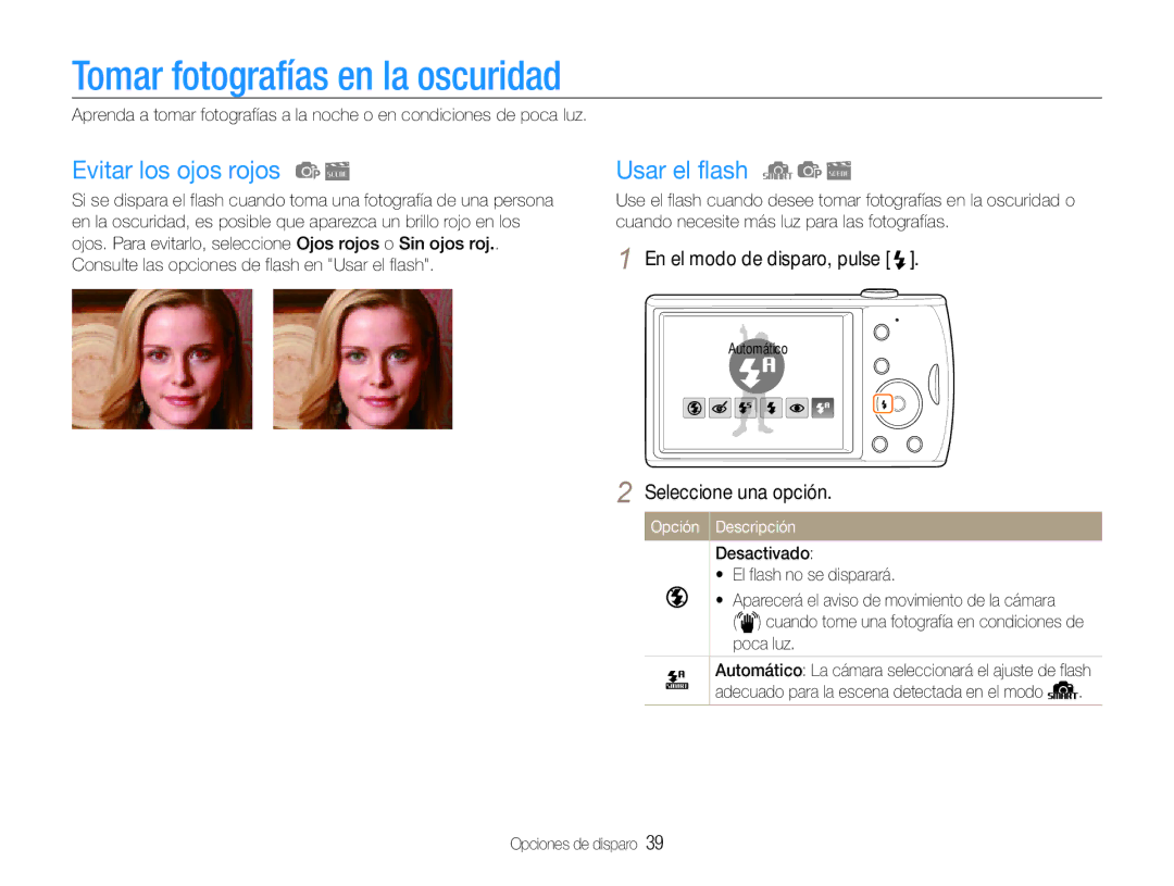 Samsung EC-PL90ZZBPEE1, EC-PL90ZZBPRE1 manual Tomar fotografías en la oscuridad, Evitar los ojos rojos, Usar el flash 