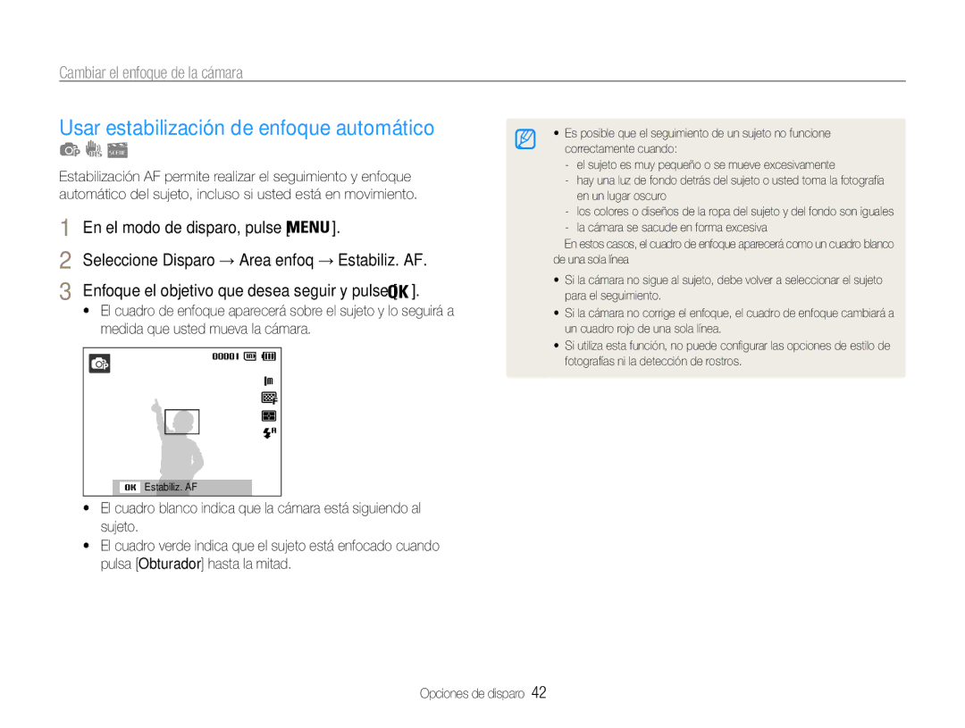 Samsung EC-PL90ZZBPEE1, EC-PL90ZZBPRE1 manual Usar estabilización de enfoque automático, Cambiar el enfoque de la cámara 