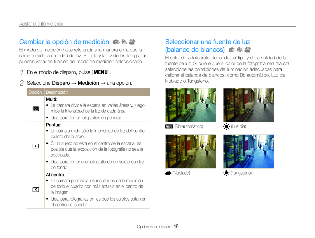 Samsung EC-PL90ZZBPEE1, EC-PL90ZZBPRE1 Cambiar la opción de medición, Seleccionar una fuente de luz balance de blancos 