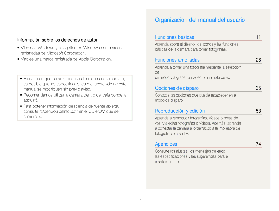 Samsung EC-PL90ZZBAAGB Organización del manual del usuario, Información sobre los derechos de autor, Fotografías o a su TV 