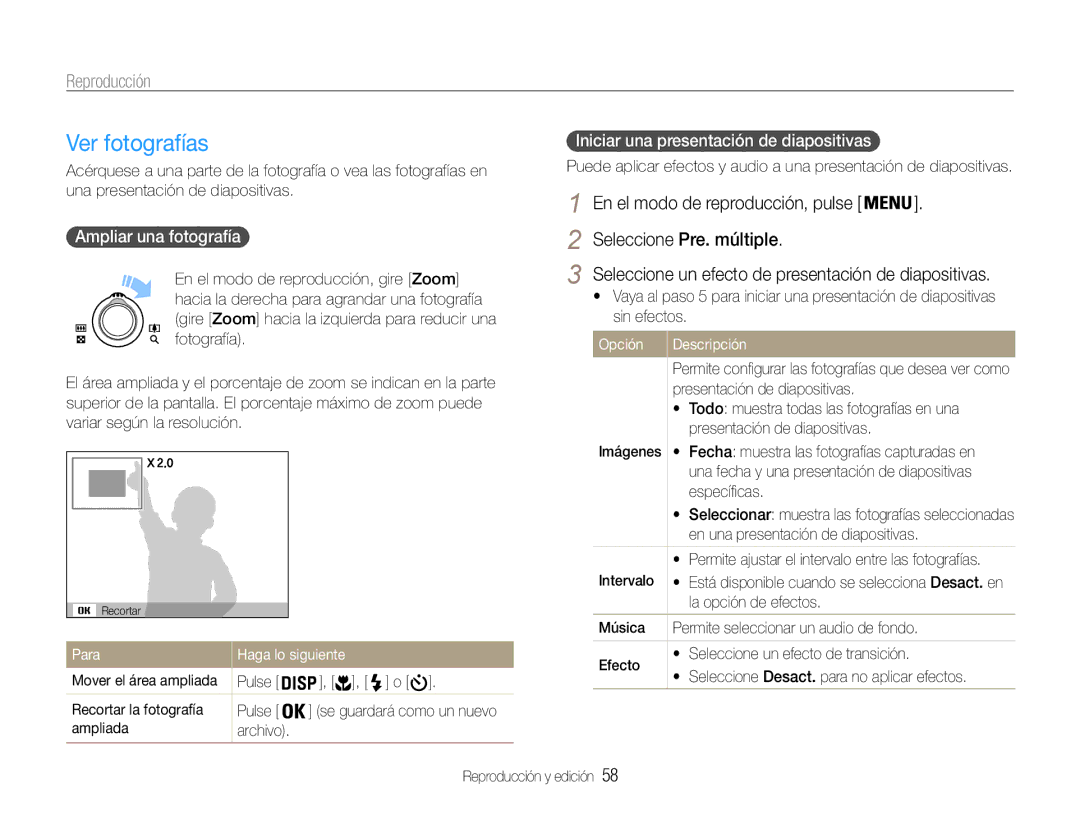 Samsung EC-PL90ZZBAAGB manual Ver fotografías, Ampliar una fotografía, Iniciar una presentación de diapositivas, Para 