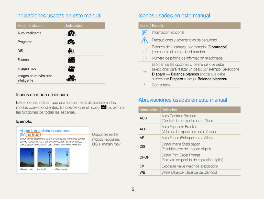 Samsung EC-PL90ZZBPRE1 Indicaciones usadas en este manual, Iconos usados en este manual, Iconos de modo de disparo 