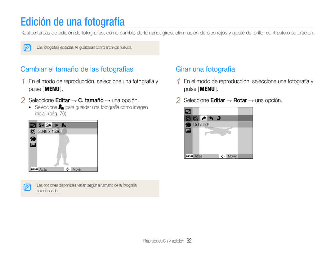 Samsung EC-PL90ZZBPRE1 manual Edición de una fotografía, Cambiar el tamaño de las fotografías, Girar una fotografía 